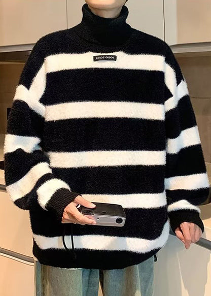 Loose Black Turtleneck Striped Mink Hair Knitted Men Sweater Winter