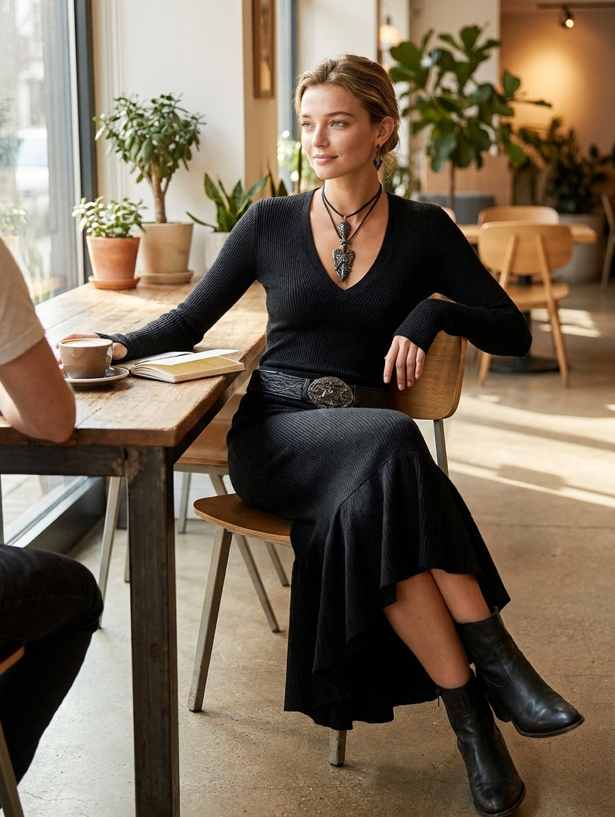 Women's Knitted V-neck Slim Long Sleeves Maxi Dress (Without Belt)