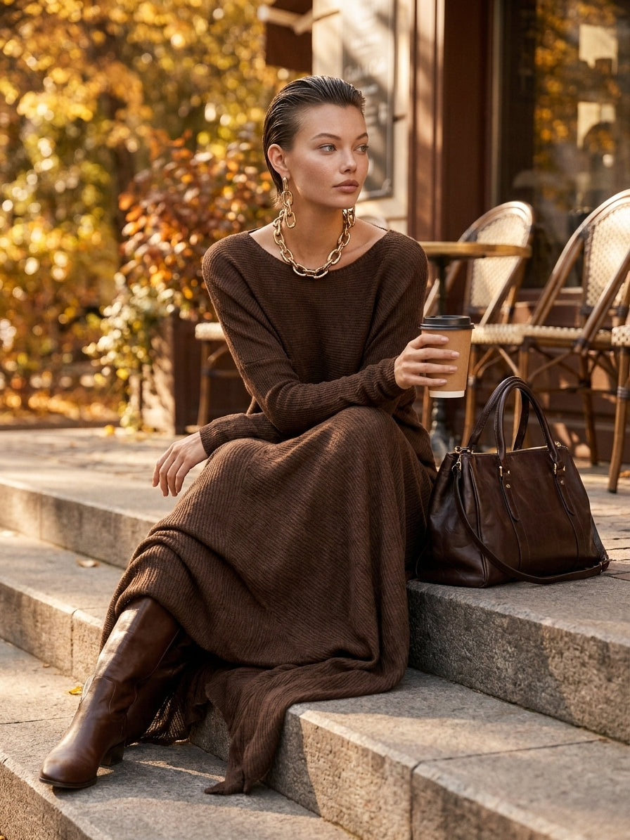 Women's Fashion Round Neck Knitted Sweater Skirt Set