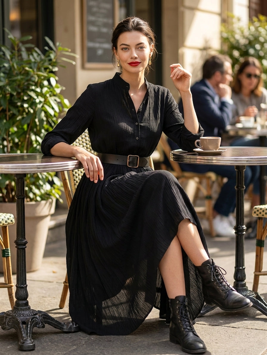 Women's Black Blend Textured Pleated Vintage Maxi Dress