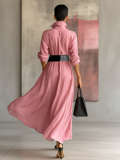 Women's Solid Color Lapel Long Sleeve Single Breasted Belt Maxi Shirt Dress