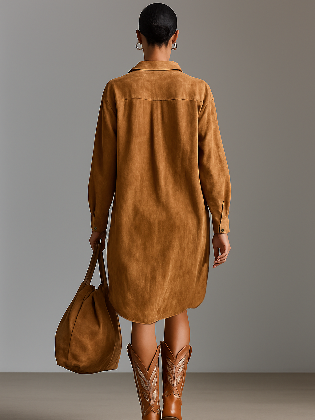 Women's Suede Loose Lapel V-neck Embroidered Long-sleeved Midi Dress