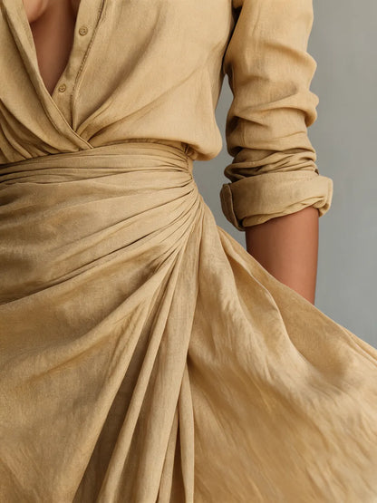 Ladies Lapel Single Breasted Long Sleeve Belted Maxi Dress