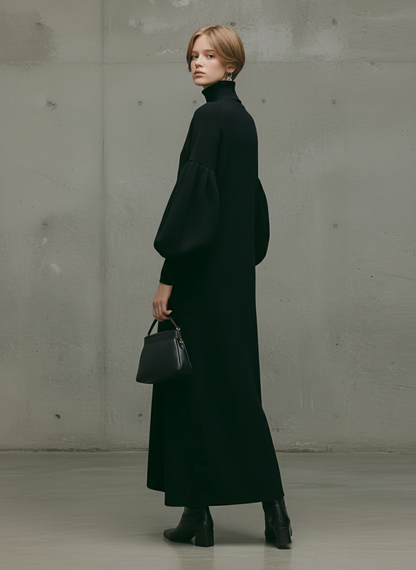 Women's Modern Black Turtleneck Puff-Sleeve Sweatshirt Maxi Dress