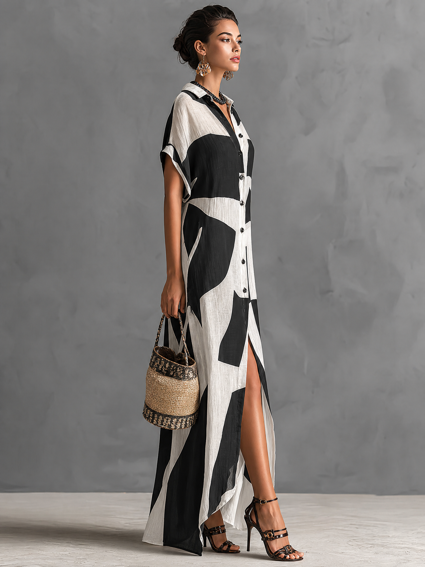 Women's Cotton And Linen Blend Irregular Geometric Print Lapel Single-Breasted Short-Sleeved Maxi Shirt Dress