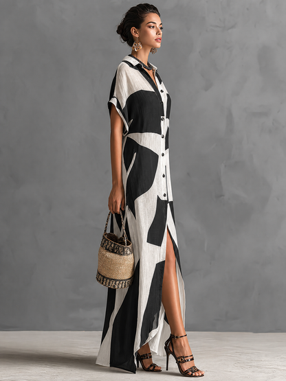 Women's Cotton And Linen Blend Irregular Geometric Print Lapel Single-Breasted Short-Sleeved Maxi Shirt Dress