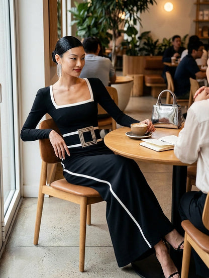 Women's Black And White Trim Square Neck Long Sleeve Tight Maxi Dress