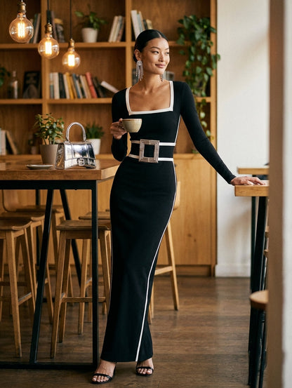 Women's Black And White Trim Square Neck Long Sleeve Tight Maxi Dress