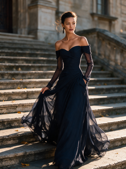 Women's Elegant Dark Blue Chiffon Organza Off-shoulder Long-sleeved Fitted Maxi Dress