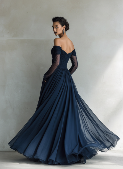 Women's Elegant Dark Blue Chiffon Organza Off-shoulder Long-sleeved Fitted Maxi Dress