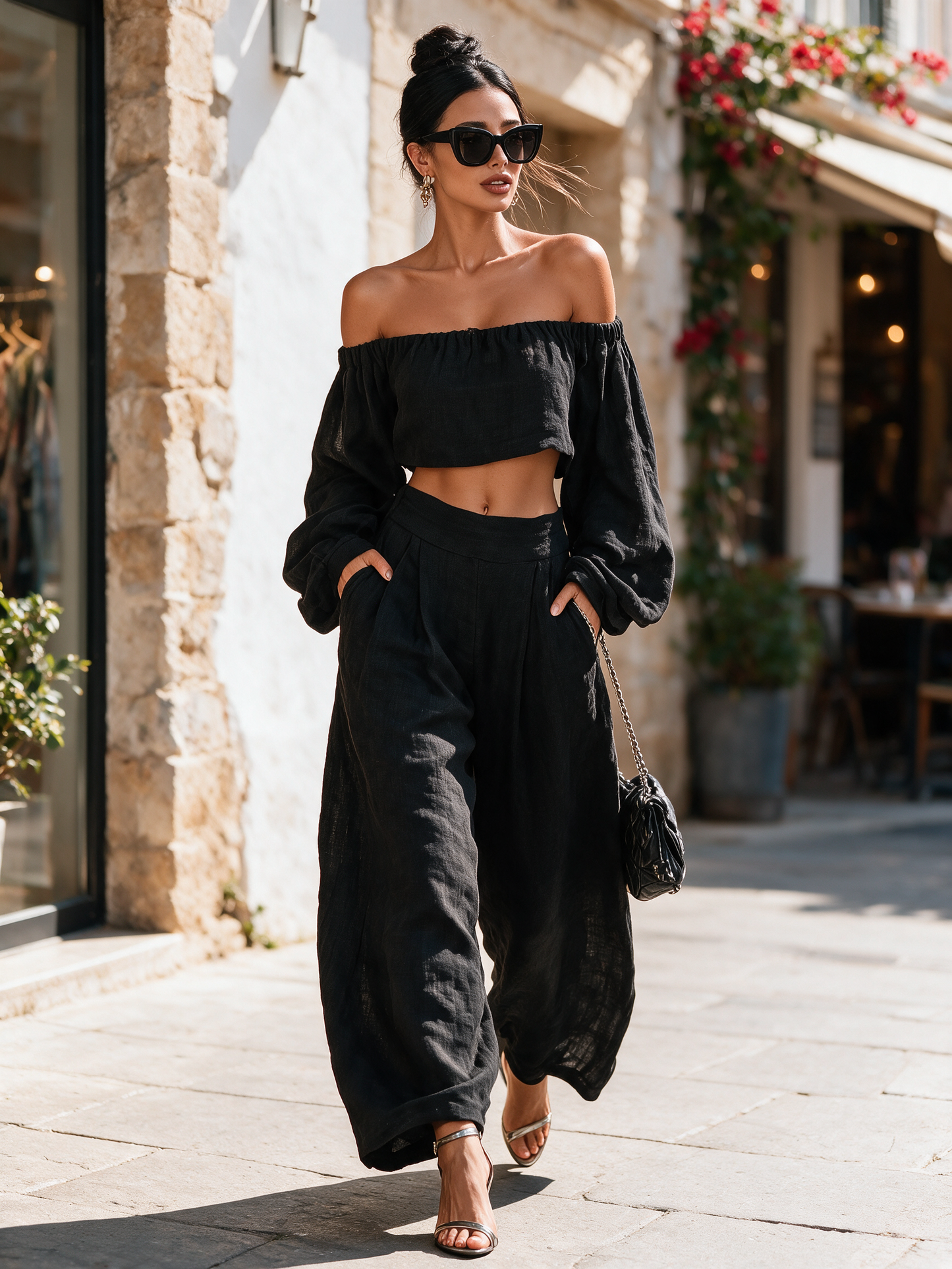 Women's Minimalist Linen Blend Strapless Long-sleeved Blouse And Wide-leg Pants Set