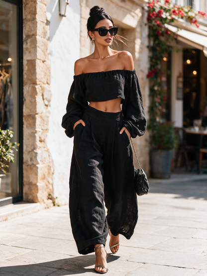 Women's Minimalist Linen Blend Strapless Long-sleeved Blouse And Wide-leg Pants Set
