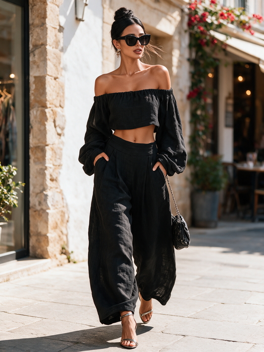 Women's Minimalist Linen Blend Strapless Long-sleeved Blouse And Wide-leg Pants Set