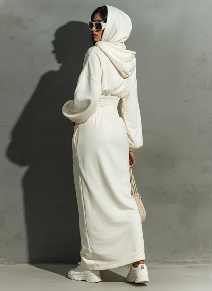 Women's Minimalist Waist Shirring Hooded Sweatshirt Maxi Dress