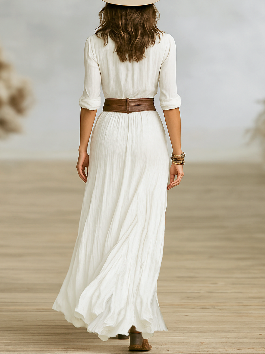 Women's Imitation Cotton And Linen Pleated Lapel Single-breasted Long-sleeved Maxi Dress