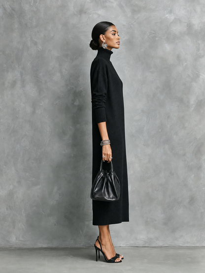 Women's Elegant Black Knitted Turtleneck Long-sleeved Loose-fitting  Midi Dress With No Pockets