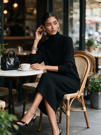 Women's Elegant Black Knitted Turtleneck Long-sleeved Loose-fitting  Midi Dress With No Pockets