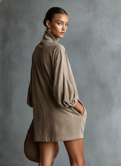 Women's Minimalist Loose-fitting Faux Suede High-neck Mini Dress