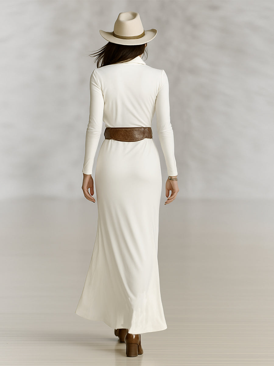 Women's Lapel Long Sleeve Waist-tightening Maxi Dress (without Belt)