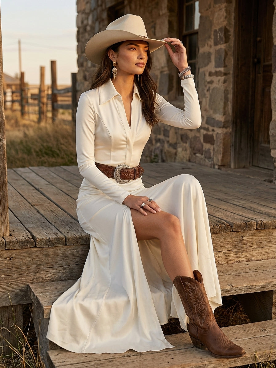 Women's Lapel Long Sleeve Waist-tightening Maxi Dress (without Belt)