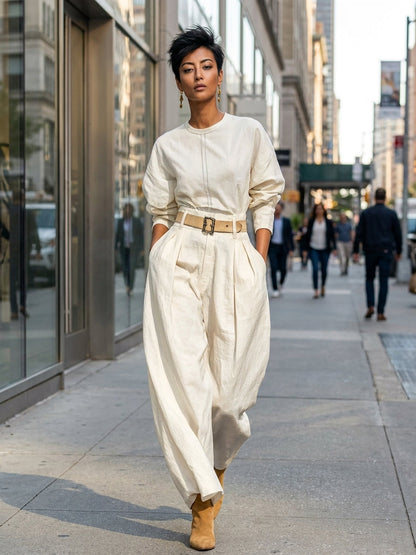 Women's Fashion Cotton And Linen Blend Crew Neck Long Sleeve Shirt Loose Trousers Set (belt Not Included)