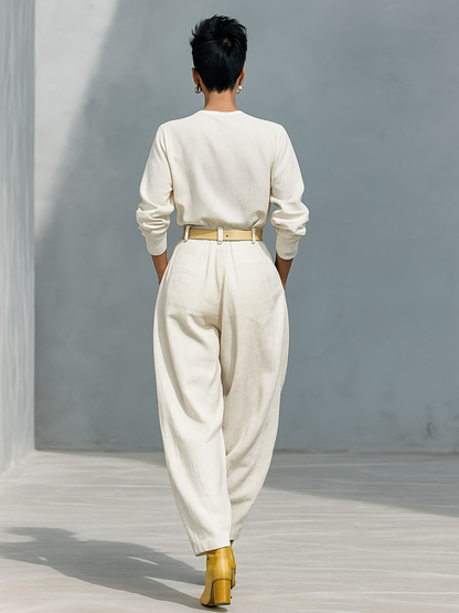 Women's Fashion Cotton And Linen Blend Crew Neck Long Sleeve Shirt Loose Trousers Set (belt Not Included)