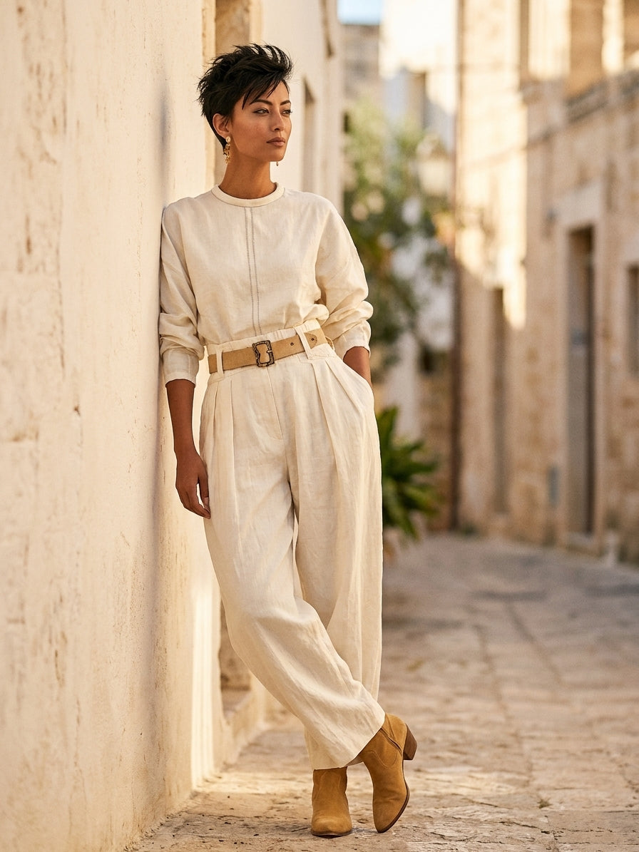 Women's Fashion Cotton And Linen Blend Crew Neck Long Sleeve Shirt Loose Trousers Set (belt Not Included)
