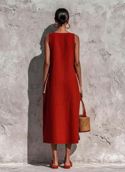 Women's Red Cotton-Linen Blend Sleeveless Midi Dress With Contrasting White Piping And Double Side Patch Pockets