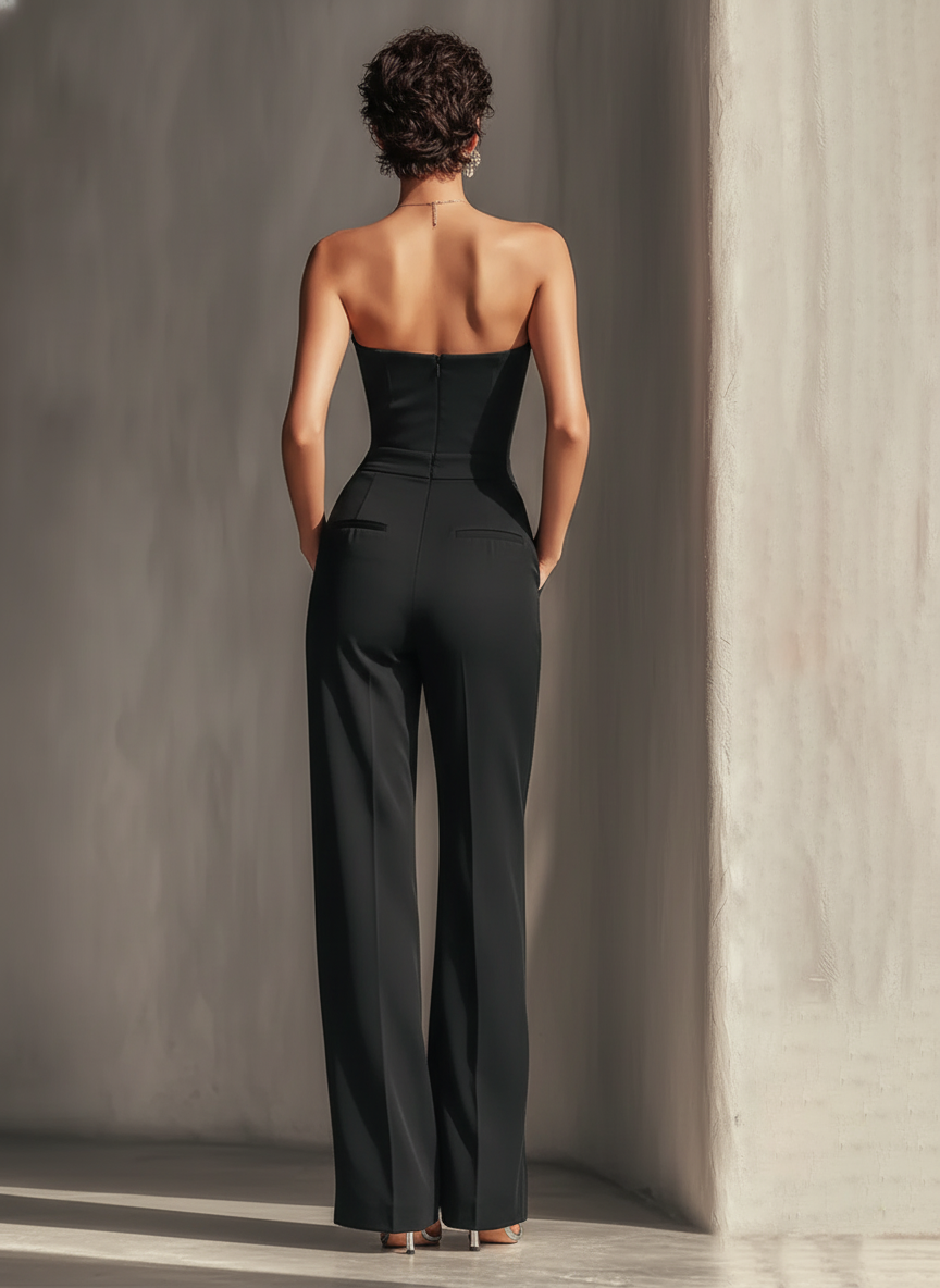 Women's Black Strapless Jumpsuit With Contrast White Vertical Stripe & Side Pockets