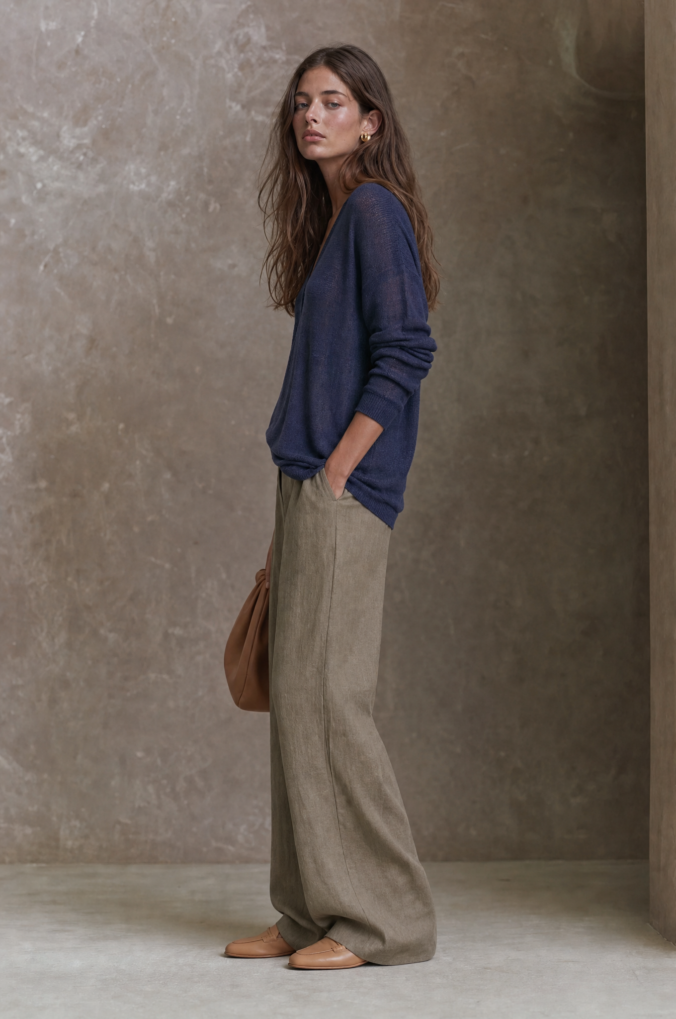 Women's Minimalist V-Neck Knit Top And Wide-Leg Pants Set
