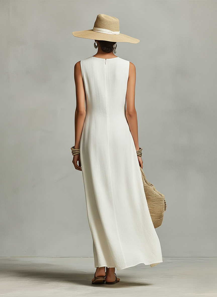 Women's Ivory Breathable Linen Dress With Sleeveless Detail & Asymmetric Hem, Contemporary Casual-Feminine Style Dress
