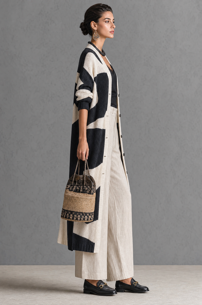 Women's Minimalist Color-Block Jacquard Single-Breasted Long Cardigan