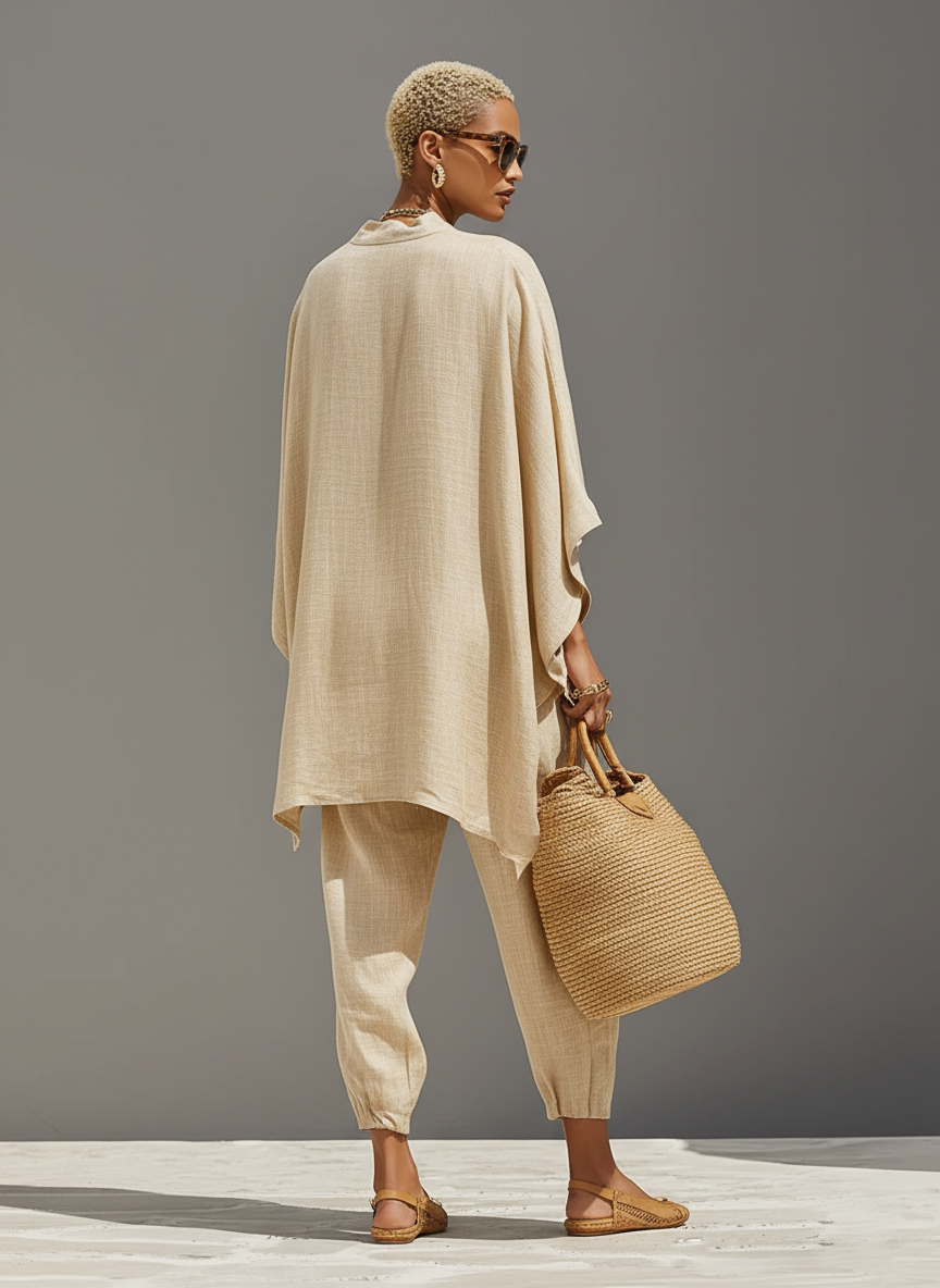 Women's Neutral Linen Set With Asymmetric Hem & Minimalist Design, Sophisticated Daily-Casual Style Set