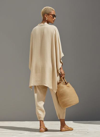 Women's Neutral Linen Set With Asymmetric Hem & Minimalist Design, Sophisticated Daily-Casual Style Set