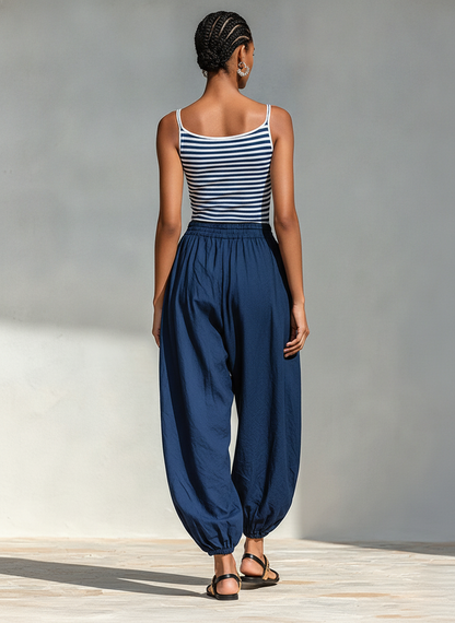 Women's Navy & White Striped Cotton-Blend Two-Piece Set With Square Neck Sling Top & Drawstring Harem Jogger Pants, Minimalist Casual Vacation Outfit