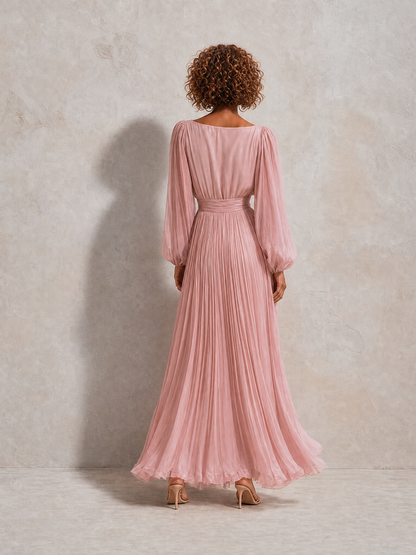 Women's Elegant Round-Neck Blouson-Sleeve Pleated Belted Long-Sleeve Midi Dress