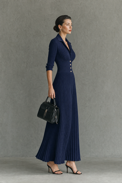 Women's Elegant Button-Front Collared Pleated Knit Dress