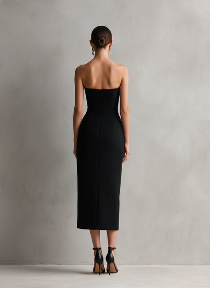 Women's Elegant Black Stretch Strapless Bodycon Midi Dress