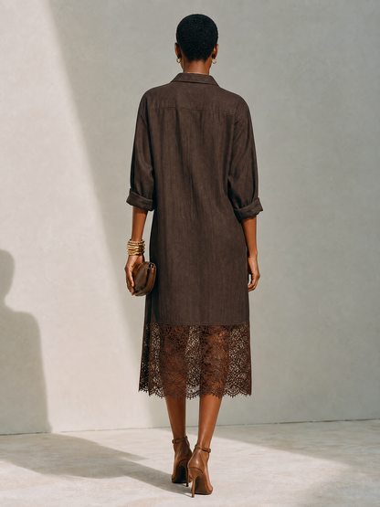 Women's Minimalist Solid Brown Linen & Lace-Panel Midi Shirt Dress