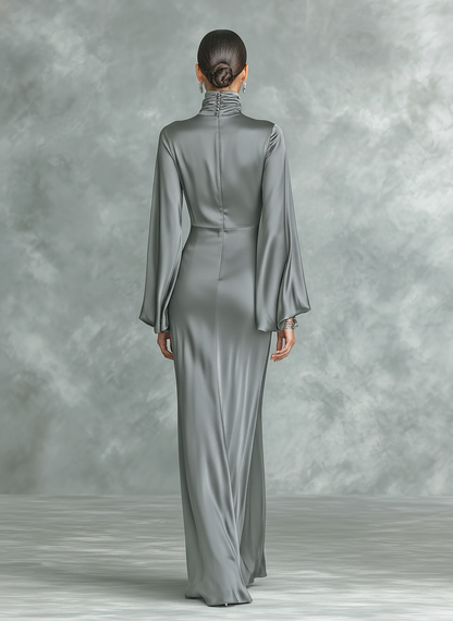 Women's Fashionable Grey Satin High-neck Long-sleeved Loose-fitting Maxi Dress