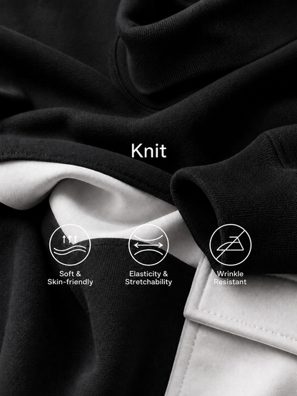 Women’s Black Cotton Knit Oversized High Neck 3/4 Sleeve Sweatshirt & Elastic Cuff Color Block White Patch Pocket Jogger Cargo Pants Two Piece Tracksuit Set