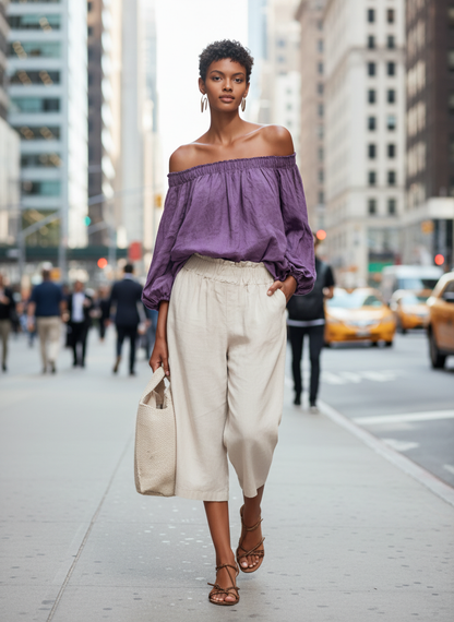 Women's Casual Style Purple Cotton And Linen Off-shoulder Long Lantern Sleeve Top