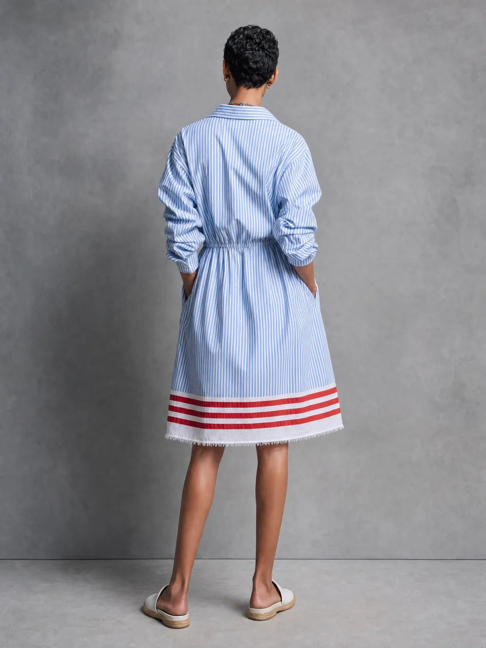 Women's Minimalist Striped Single-Breasted Long-Sleeve Midi Dress With Elastic Waist And Raw Hem