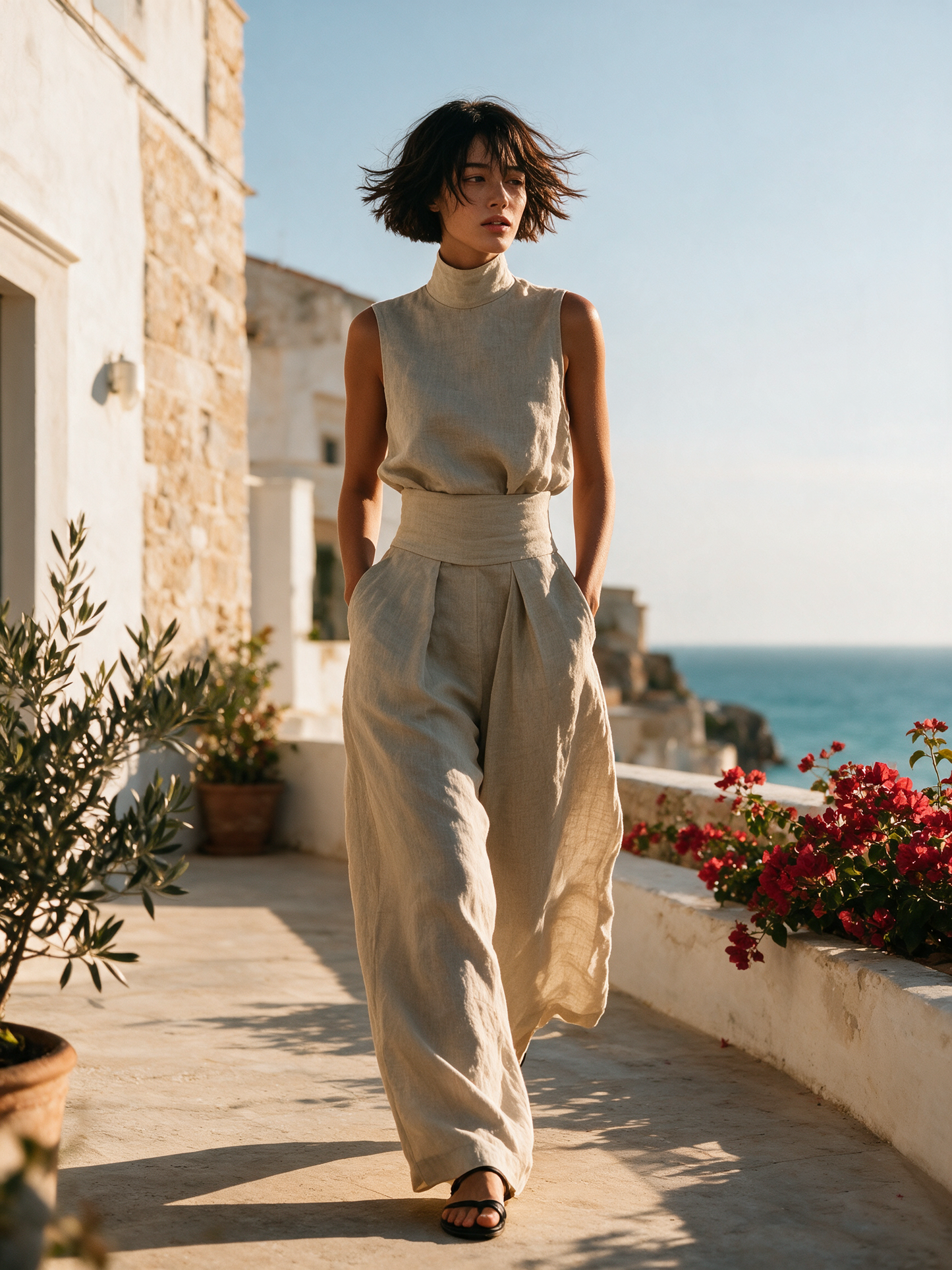 Women's Minimalist Cotton And Linen Blend Sleeveless Blouse And Wide-leg Pants Set