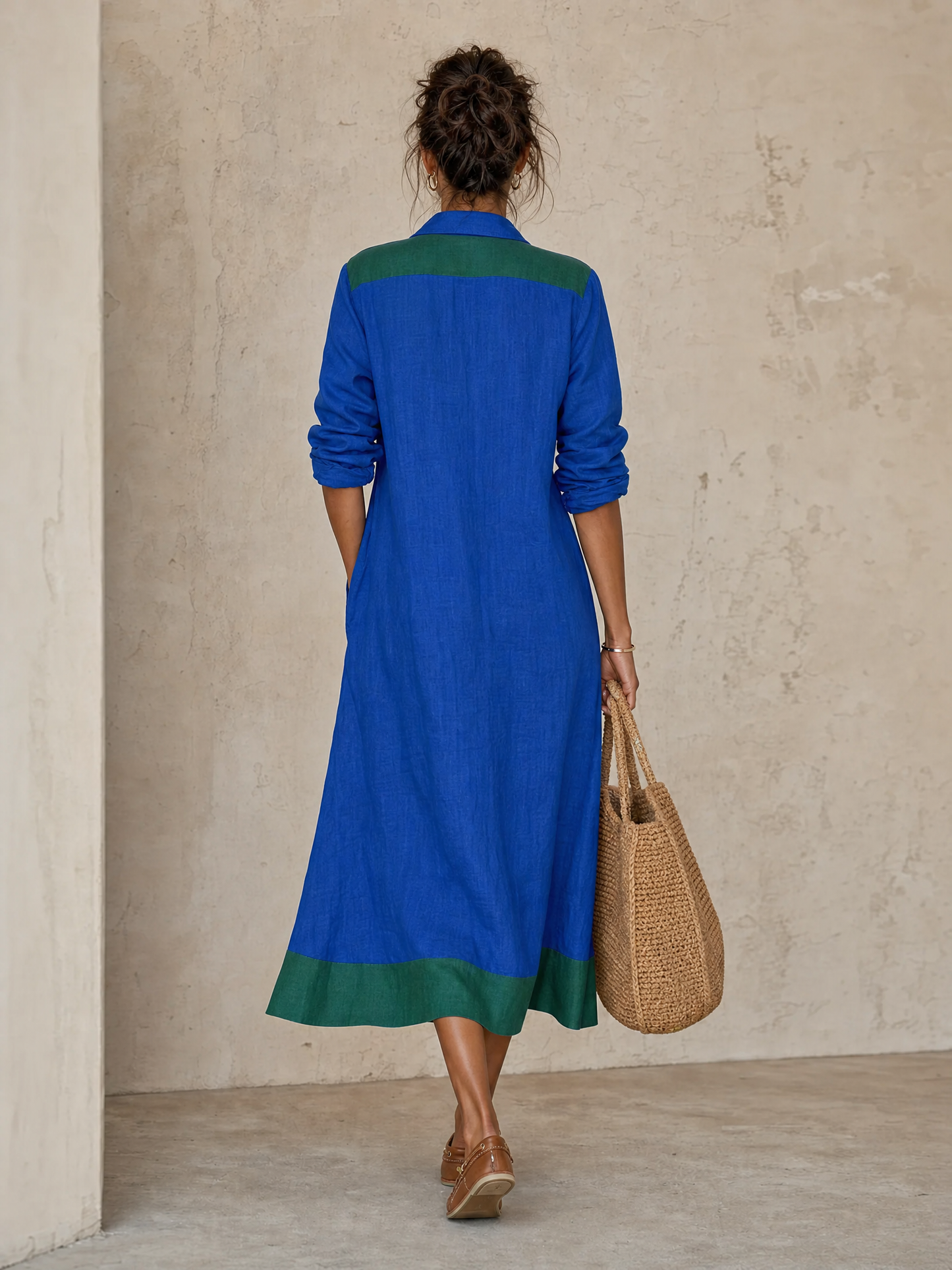 Women's Minimalist Color-Block Single-Breasted Long-Sleeve Midi Shirt Dress