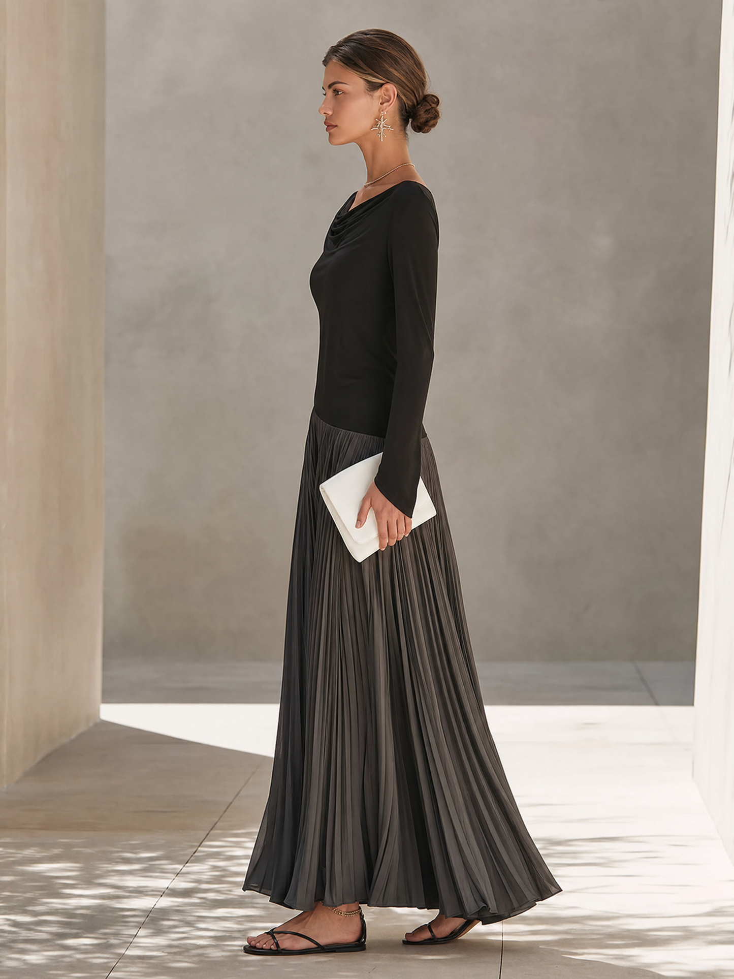 Women's Minimalist Two-Tone Color-Block Maxi Dress With Drape Neckline
