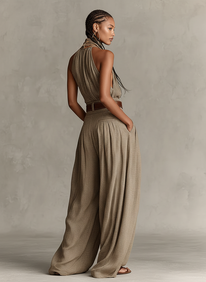 Women's Taupe Cotton-Blend Jumpsuit With Halter Neck & Wide-Leg Silhouette, Timeless Boho-Elegant Style Jumpsuit (Without Belt)