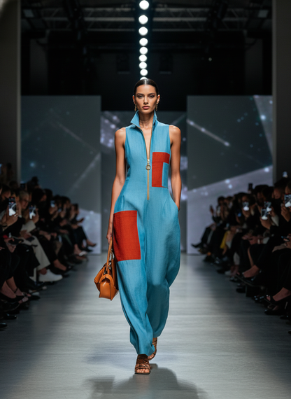 Women’s Blue Linen-Blend Sleeveless Jumpsuit With Red Patch Pockets & Half-Zip Stand Collar