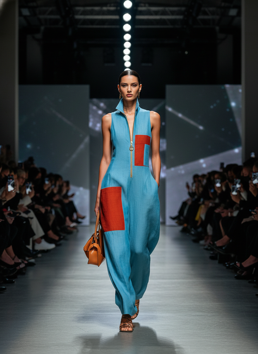 Women’s Blue Linen-Blend Sleeveless Jumpsuit With Red Patch Pockets & Half-Zip Stand Collar