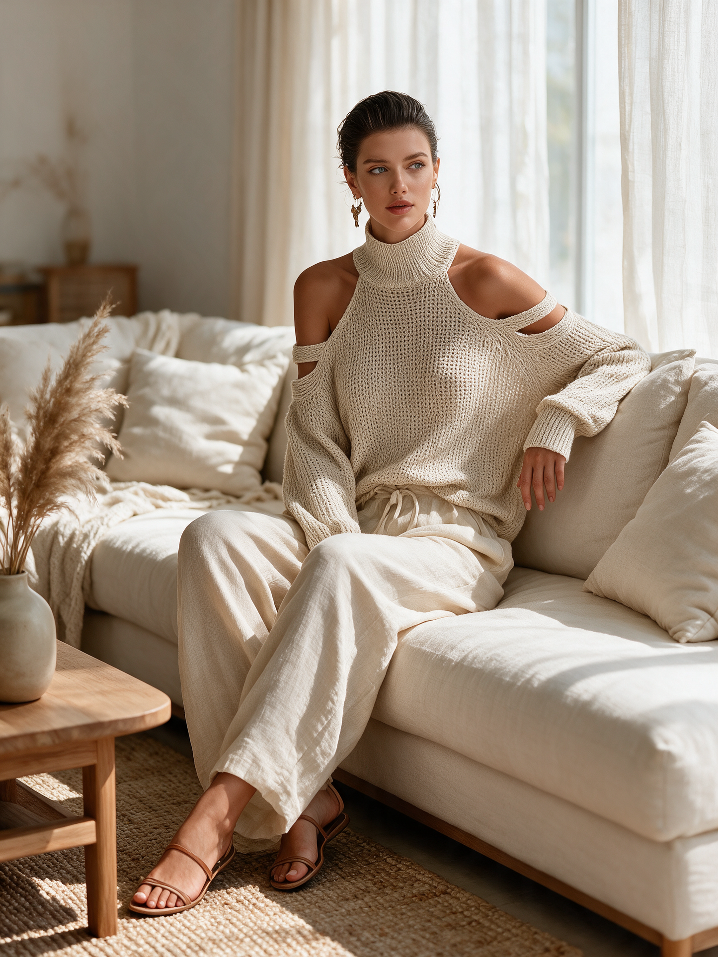 Women's Beige Knit Fabric Cold-Shoulder Turtleneck Top & Wide-Leg Pants Set